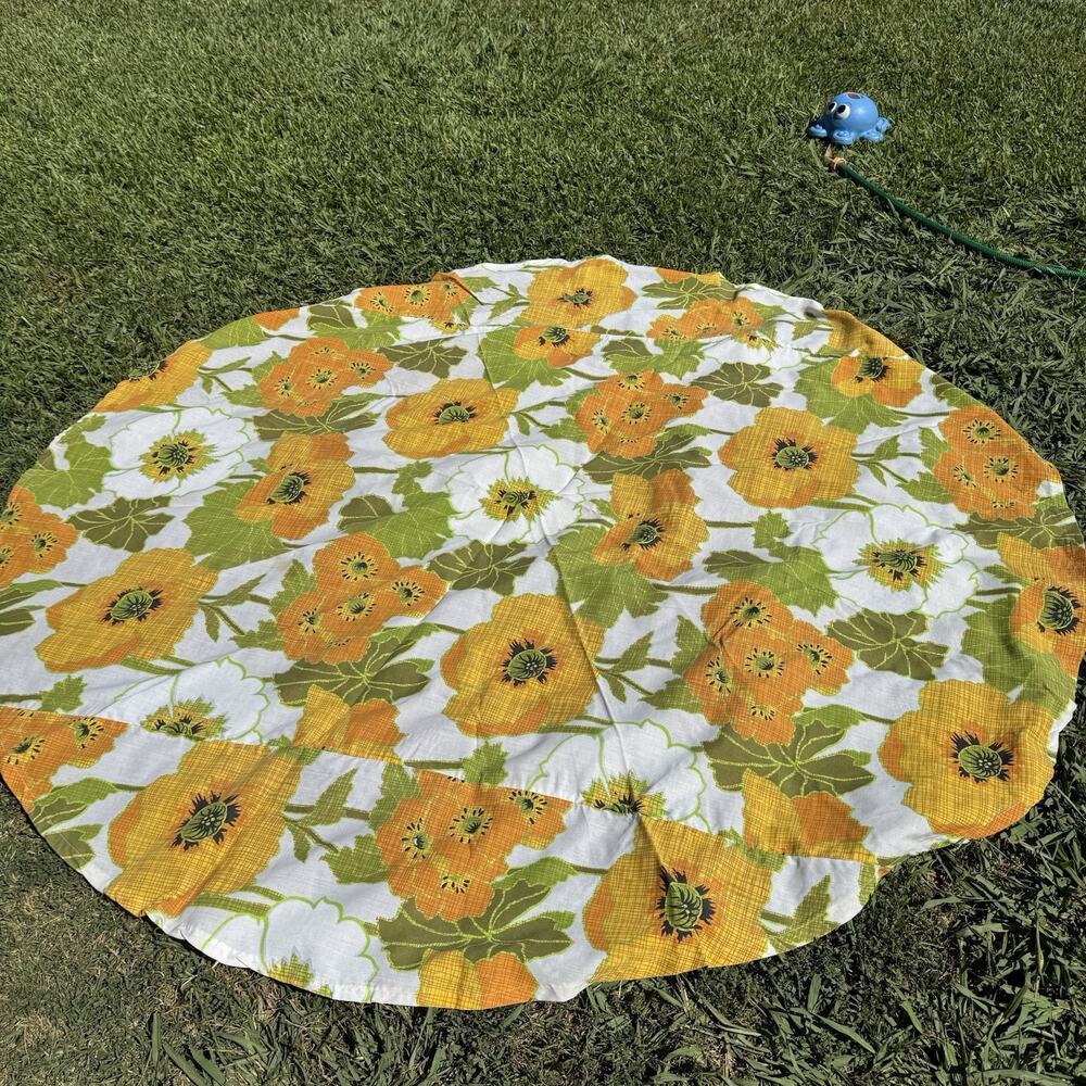 Vintage 1970s Round Floral Tablecloth 60” Orange Yellow Green Boho Cottagecore